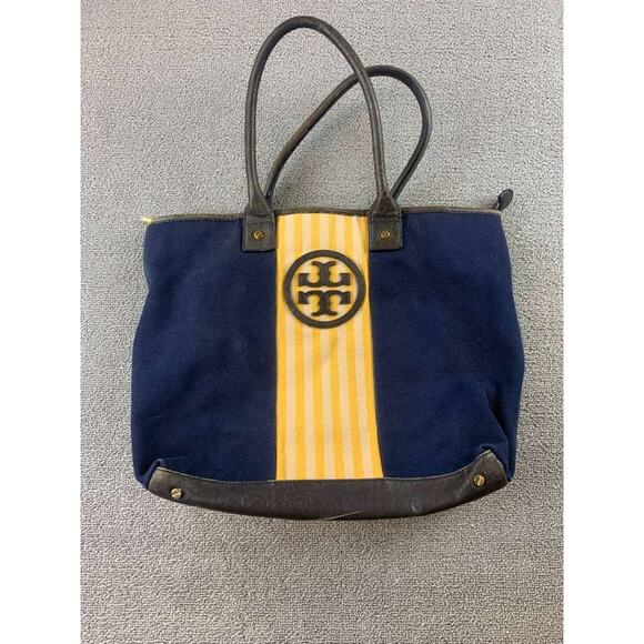 Tory Burch Tote Bag Women Navy Canvas Leather Trim Center Stripe Logo Patch - Picture 1 of 12